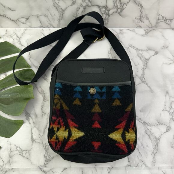 Pendleton Handbags - Pendleton Traditions Utility Cross Body Purse Bag Black Wool Woven Trim Square